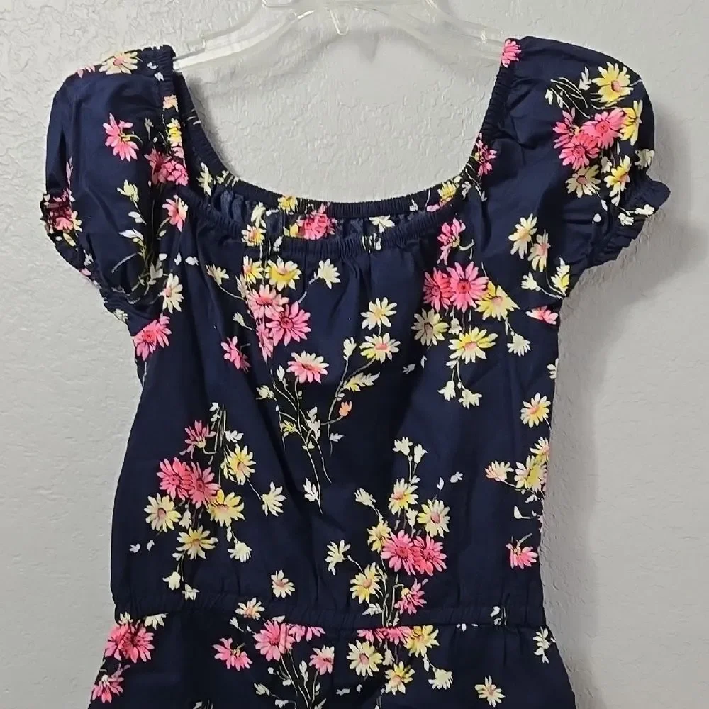 Gap Girls Floral Puff Sleeve Chambray Romper XL 14/16 Navy Bow Pockets Summer
